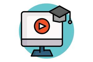 Online course colored outline icon. monitor with graduation cap and play sign. icon related to online course. education elements illustration vector
