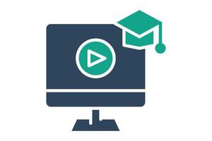 Online course icon. solid icon style. monitor with graduation cap and play sign. icon related to online course. education elements illustration vector