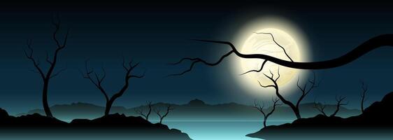 Dark spooky swamp scenery with big moon and tree branch, vector
