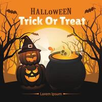 Halloween poster design illustration with two jack o lantern pumpkin in variety expression of smiling happy in forest making a potion inside skull with bat and shining moon in the background vector