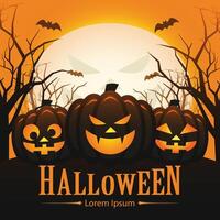 Halloween poster design illustration 0with tree jack o lantern pumpkin in variety expression of smiling angry happy in scary forest with bat and shining moon in the background vector
