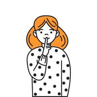 Girl shows silence gesture with finger on lips color line icon. Child asks to keep secret character doodle illustration on white vector