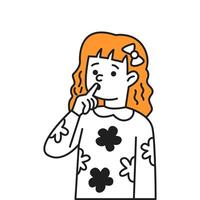 Thoughtful girl with finger on lips color line icon. Confused redhead child thinks about problem character doodle illustration on white vector