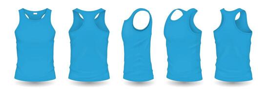 Cyan men sleeveless shirts with mockup design realistic illustration set. Clothes with space for brand 3d models on white background vector