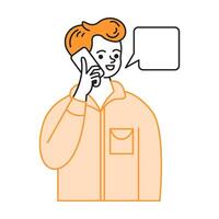 Young man talking on phone with speech bubble color line icon. Happy redhead guy enjoying conversation character illustration on white vector