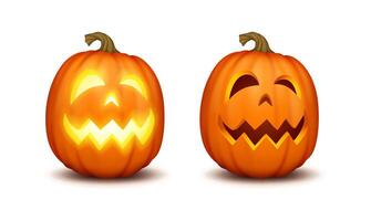 Jack-o-lanterns with carved sharp teeth realistic color icons set. Festive mischievous pumpkins 3d characters illustrations on white background vector