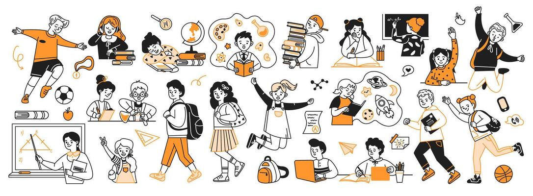 Students and teachers with supplies doodle line and color illustration set. School education process linear sketch people collection