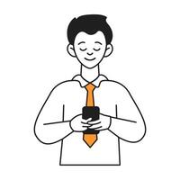 Businessman typing on smartphone line color icon. Brunet office employee using chat on mobile phone character illustration on white vector