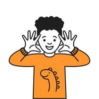 Happy boy in sweater with dinosaur scaring for fun color line icon. Kid showing hands with open palms to threaten character illustration vector