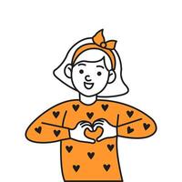 Smiling little girl making heart shape with hands color linear icon. Happy child radiating positive and love character doodle illustration vector
