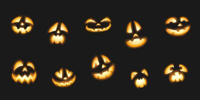 Glowing carved Halloween pumpkins faces realistic color icons set. Spooky ghosts facial expressions 3d objects illustration collection vector