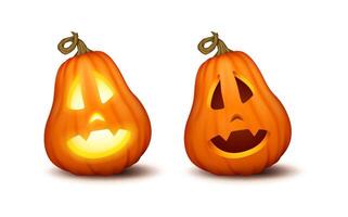 Halloween pumpkins with surprised face realistic color icons set. Jack-o-lantern expressing fear 3d characters illustrations on white vector