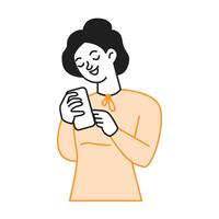 Young woman types message on smartphone color line icon. Smiling lady engages in online conversation character illustration on white vector