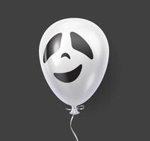 White balloon with smiling black ghost face realistic illustration. Halloween party invitations 3d object image on black background vector