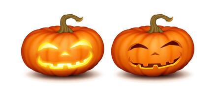 Craved pumpkins with light and shade realistic color icons set. Mischievous smiley faces for spooky Halloween 3d characters on white vector