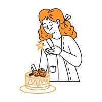 Woman taking photos of cake on smartphone color line icon. Redhead baker using social media platforms character illustration on white vector
