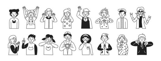 Children expressing various emotions linear icons collection. Teenagers use gestures and facial expressions showing feelings characters set vector