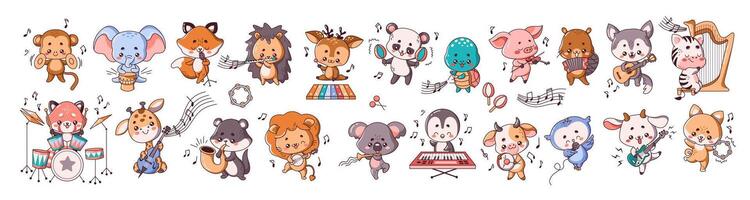 Kawai animals playing musical instruments flat color illustration set. Funny musicians performance icons on white background collection vector