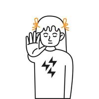 Little girl with closed eyes showing stop gesture color line icon. Child saying no to violence and discrimination character illustration vector