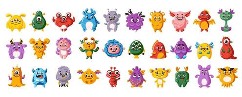 Funny alien monsters characters flat color icon set. Weird little creatures from another dimension illustration icon pack on white vector