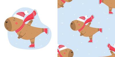 Seamless pattern with ice skating capybara vector
