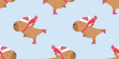 Ice skating capybara seamless pattern vector