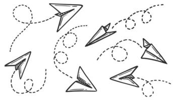 Hand drawn scribble Paper airplane icon . Doodle sketch outline style. Simple origami scribble aircraft element. Drawing doodle illustration. vector