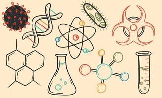 Hand drawn science editable stroke doodle outline color icons set. Laboratory, research, scientist, biology, experiment. Illustration. vector