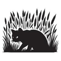 Black silhouette of a cat peeking out from a tall grass patch vector