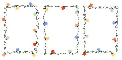 Set of elegant frame templates with garland lights. Colorful light bulbs on a white rope. Each one isolated on transparent background. Graphic elements for web design, social media, card, poster. vector