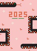 2025 graphic poster with cool design. Decorative frame with snake and text in pixel style. Christmas template. Year of the snake. vector