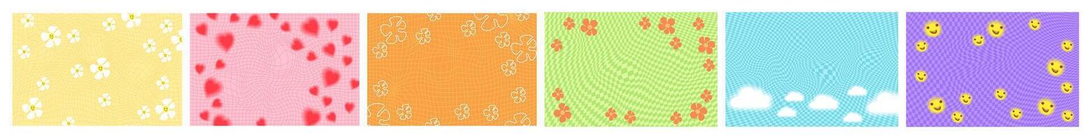 Floral and Emoji Retro Psychedelic Checkerboard Pattern Set. Groovy Funky Textures. Stock Illustration in Flat Style vector