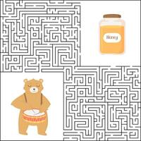 Printable maze with a cute bear and a honey jar. illustration perfect for kids activities, birthday parties, or preschool educational materials. Ideal for playful and creative projects vector