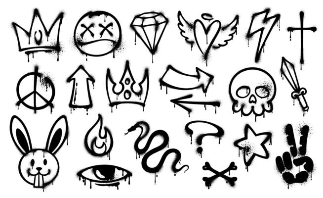 Grunge ink graffiti spray paint icons set