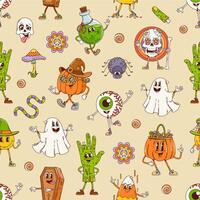 Groovy Halloween characters seamless pattern vector
