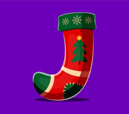 Merry Christmas font alphabet, letter J gifts sock