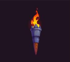 Medieval fire torch game asset, ancient flambeau vector