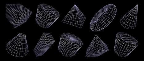 3d grid line shapes, wireframe geometric figures vector