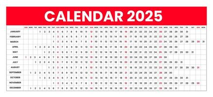Linear calendar for 2025. Horizontal or Landscape orientation grid 2025 Linear planner calendar week starts on Sunday. 2025 Linear calendar Annual schedule grid with 12 month. vector