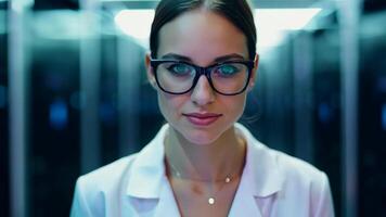 Woman IT specialist engineer system administrator server room backend software hardware female girl security cloud computing AI training expert specialist technology data analyst network video