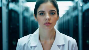 Woman IT specialist engineer system administrator server room backend software hardware female girl security cloud computing AI training expert specialist technology data analyst network video