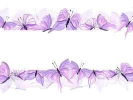 Fluttering pink butterflies of various shapes. Horizontal frame of abstract watercolor tropical insects. Hand drawn illustration for wedding invitation, greetings. Copy space for text. vector