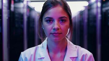 Woman IT specialist engineer system administrator server room backend software hardware female girl security cloud computing AI training expert specialist technology data analyst network video