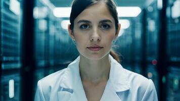 Woman IT specialist engineer system administrator server room backend software hardware female girl security cloud computing AI training expert specialist technology data analyst network video