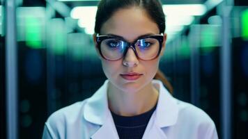Woman IT specialist engineer system administrator server room backend software hardware female girl security cloud computing AI training expert specialist technology data analyst network video