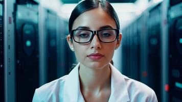 Woman IT specialist engineer system administrator server room backend software hardware female girl security cloud computing AI training expert specialist technology data analyst network video
