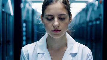 Woman IT specialist engineer system administrator server room backend software hardware female girl security cloud computing AI training expert specialist technology data analyst network video