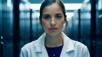 Woman IT specialist engineer system administrator server room backend software hardware female girl security cloud computing AI training expert specialist technology data analyst network video