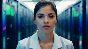Woman IT specialist engineer system administrator server room backend software hardware female girl security cloud computing AI training expert specialist technology data analyst network video