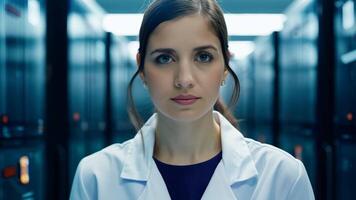 Woman IT specialist engineer system administrator server room backend software hardware female girl security cloud computing AI training expert specialist technology data analyst network video